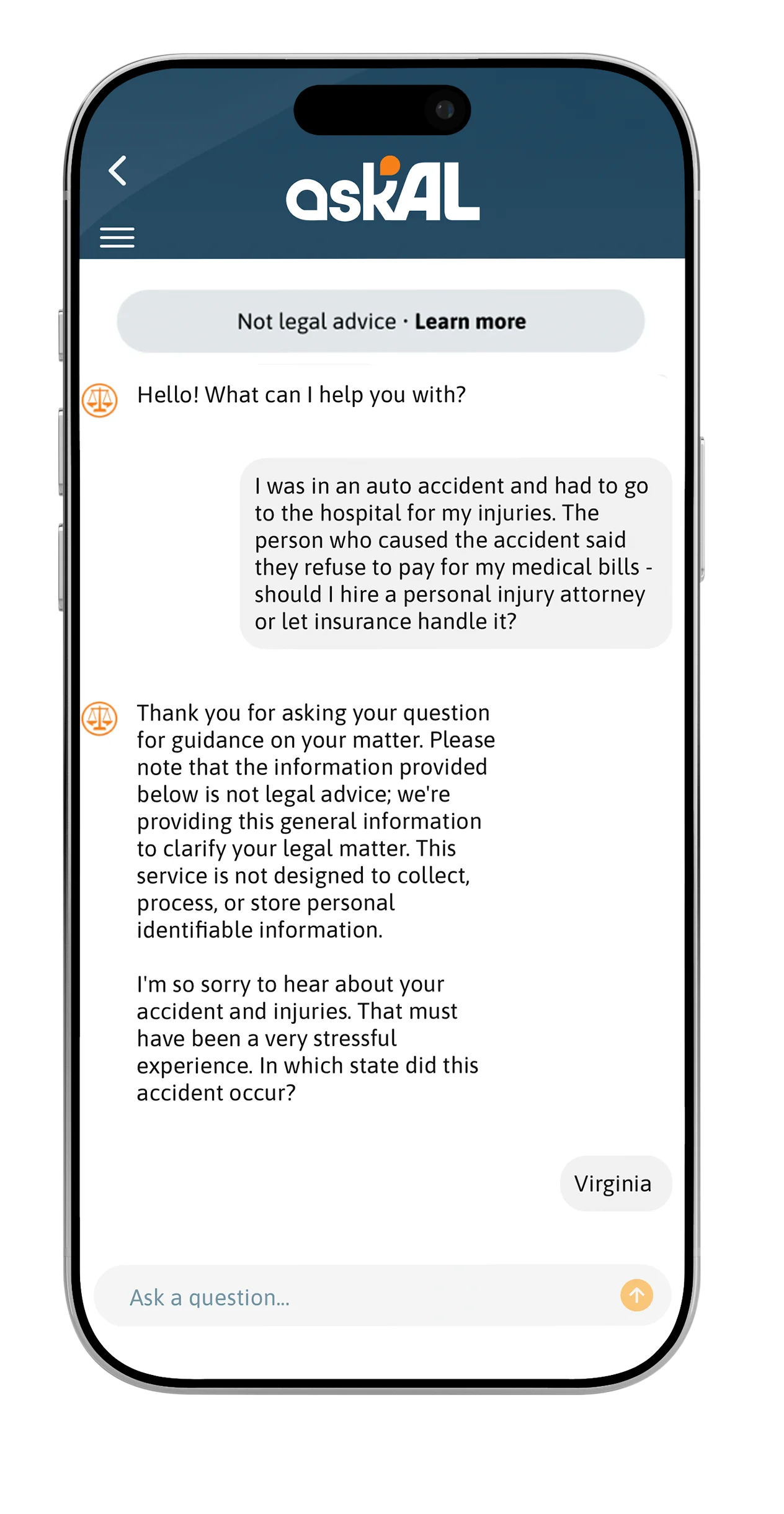Policyholder chats with Ask AL to describe their legal matter and receive instant guidance