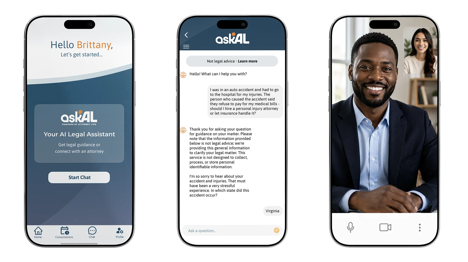 Attorney Live app screens: the Ask AL welcome screen, a legal guidance chat, and a video consultation with an attorney